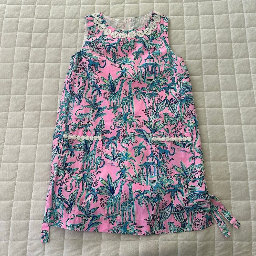 Lilly Pulitzer Dress Girls 8 Pink Blue Shift Out Of Office Print Giraffe Monkey